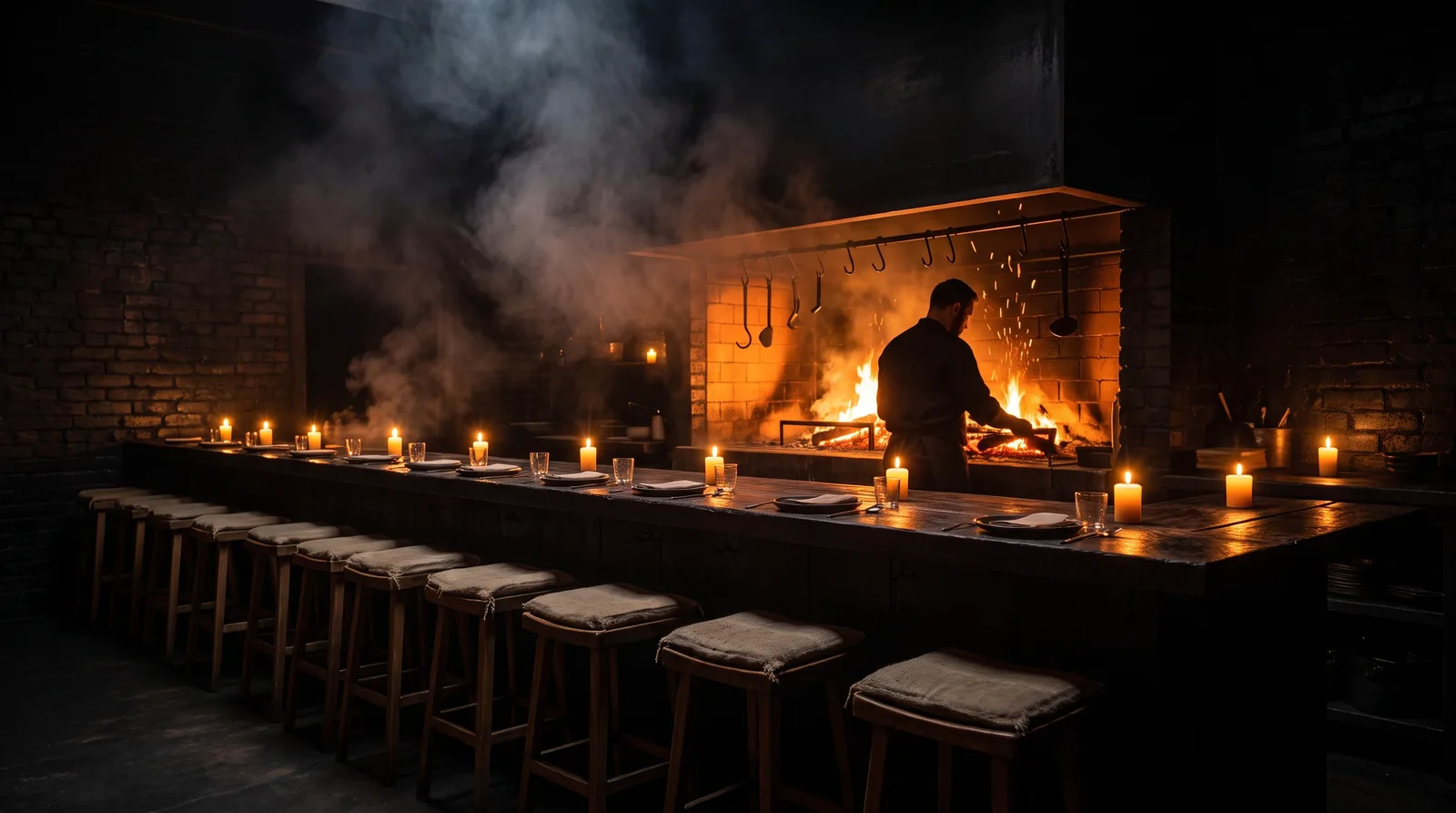 The twelve-seat charred-oak counter at CINDER, lit by candles, with the wood-fire hearth glowing behind it and a chef tending the flames.