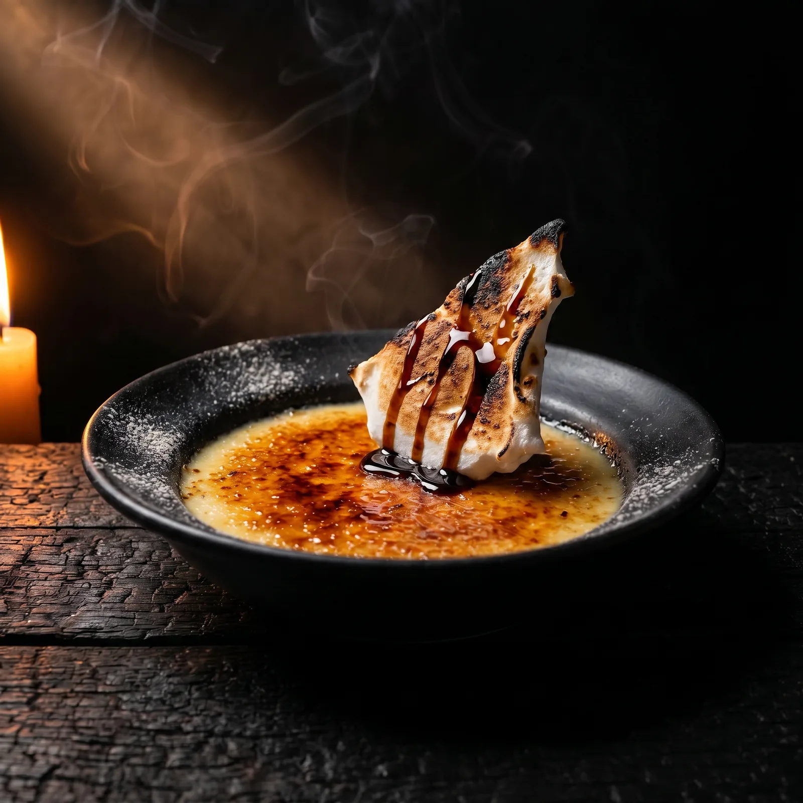 Course eleven: birch-ember crème — a torched burnt-cream custard in a black bowl, crowned with a scorched meringue shard and dark birch syrup.