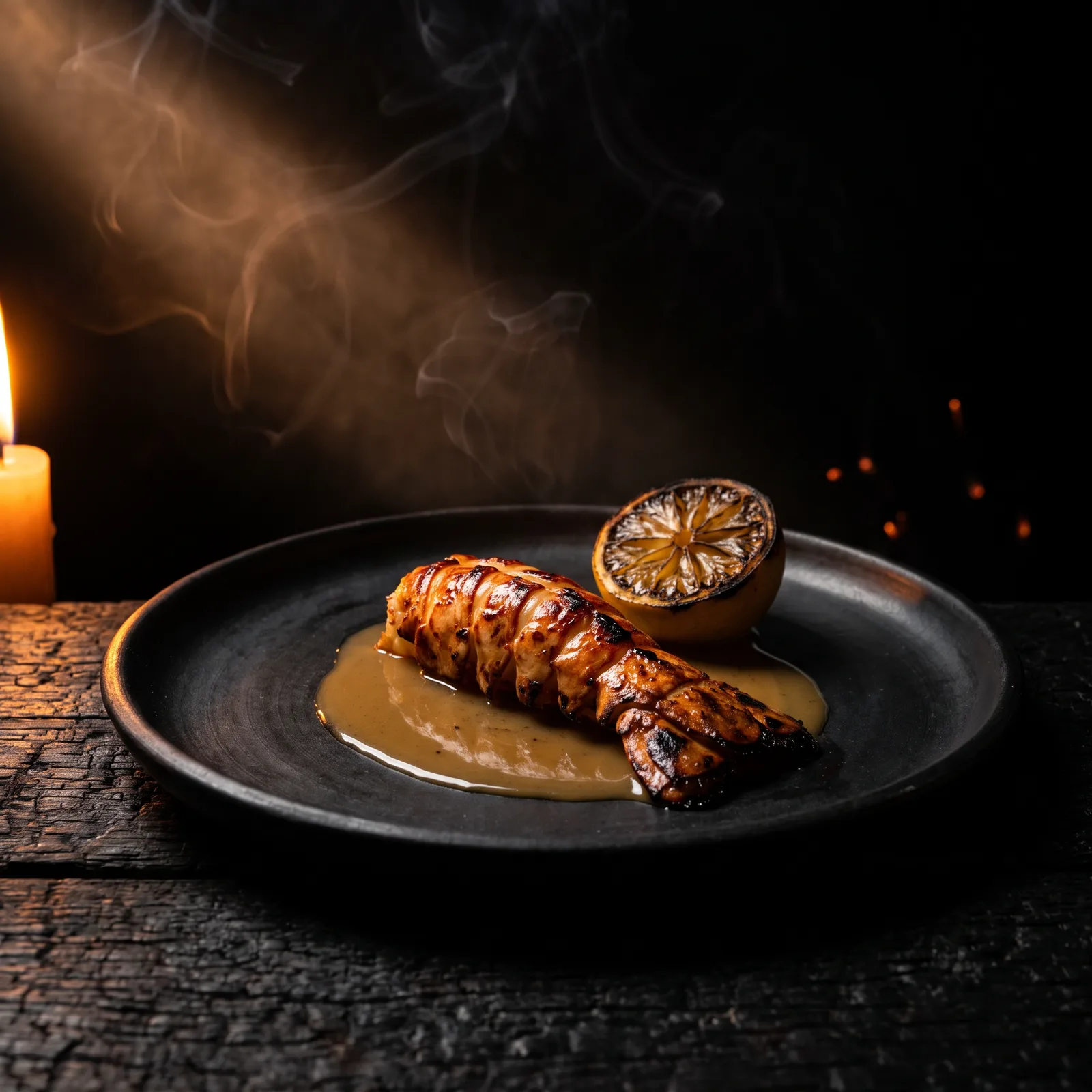 Course four: a coal-roasted langoustine tail in smoked beurre blanc on a black ceramic plate, with a charred lemon half, lit by a single candle.
