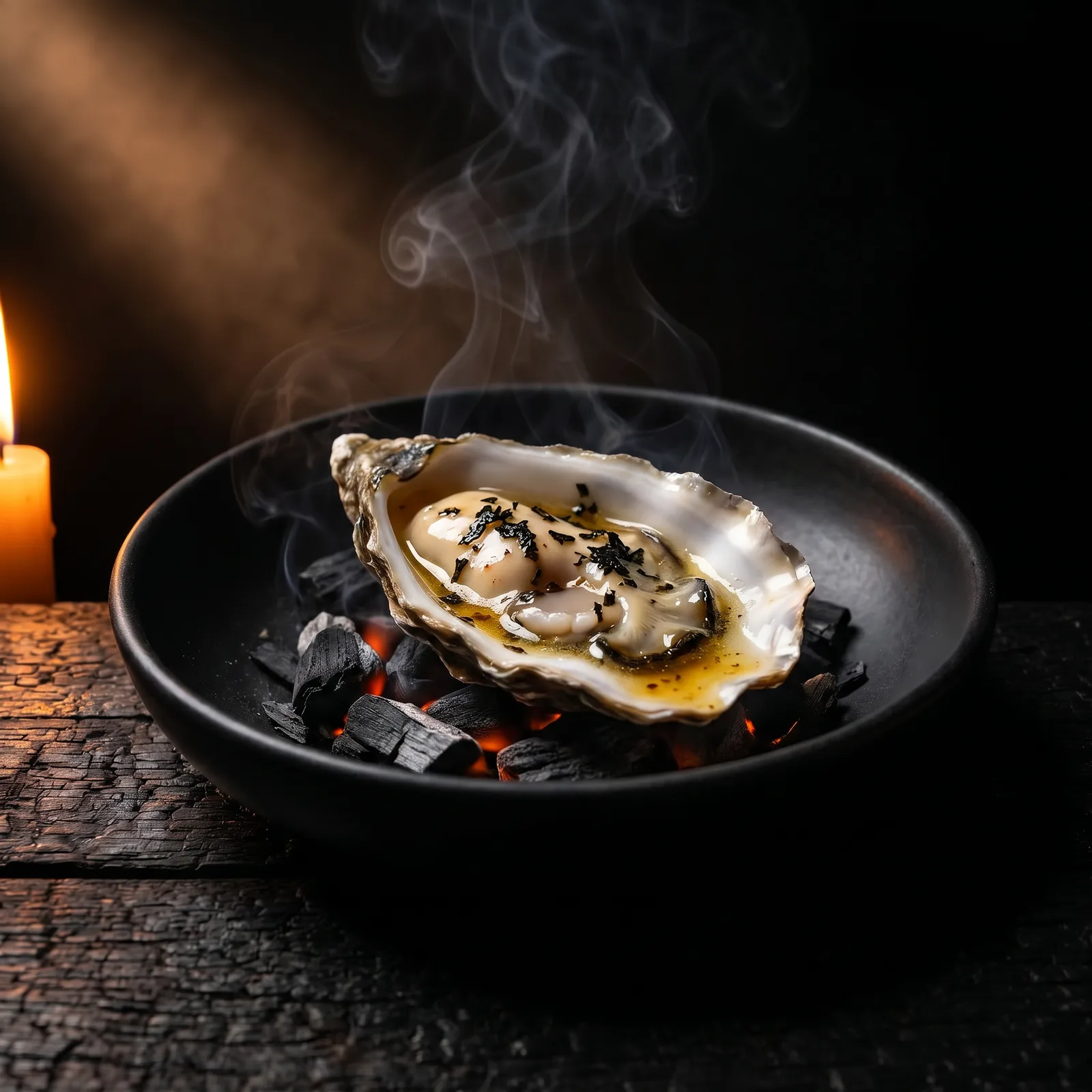 Course two: an oyster warmed over dying coals in its shell, glistening with fermented-chili butter, resting on smoldering charcoal in a black ceramic bowl.
