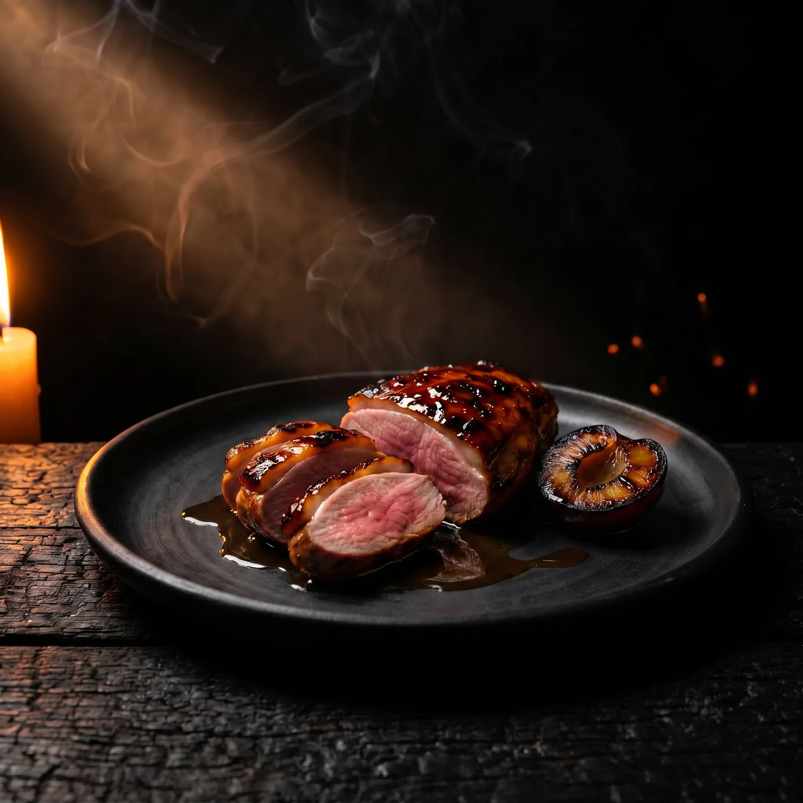 Course seven: squab breast glazed dark over grapevine embers, sliced to a rosy interior, with a charred plum half on a black plate.