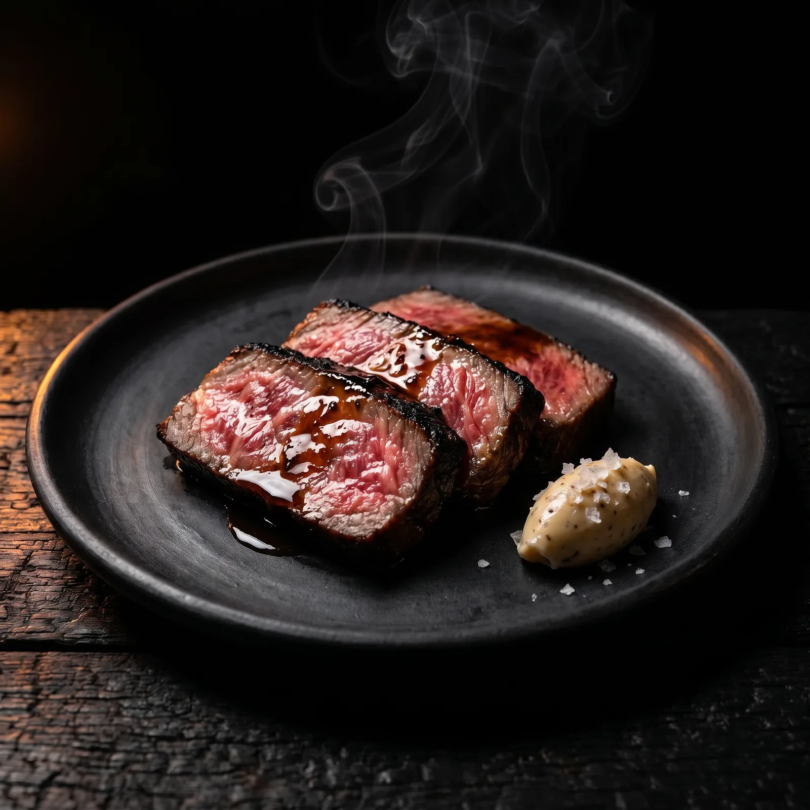 Course nine: three slices of binchotan-seared wagyu with charred crust and rosy marbled interior, black-garlic molasses and marrow butter, steam rising.